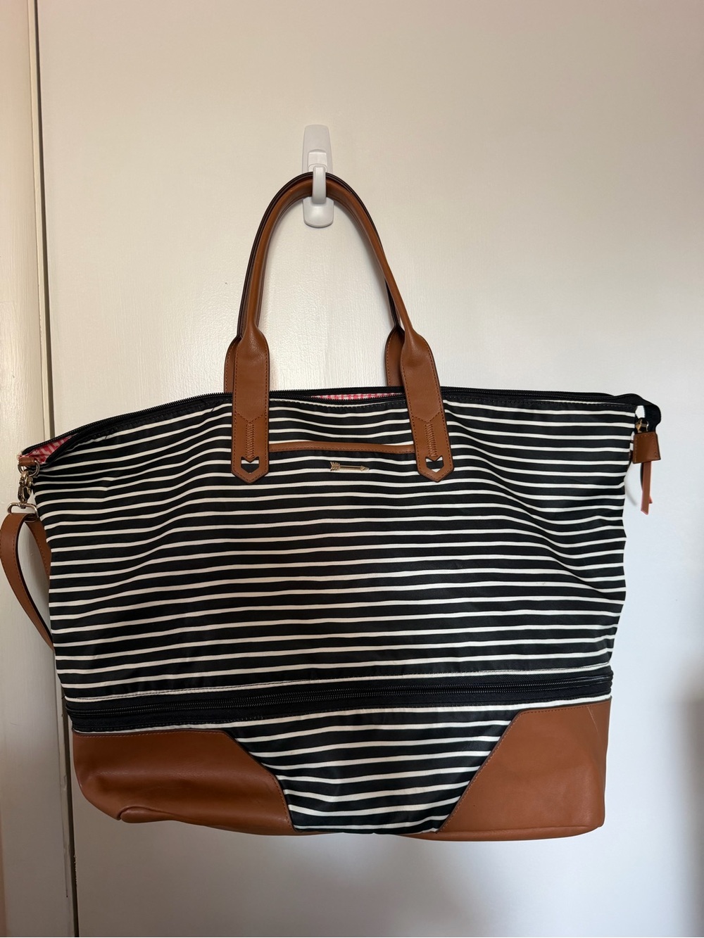 Stella & Dot Black & White Striped Tote with Brown Leather Trim